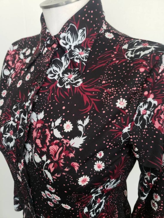 Vintage 70s floral Pointed Collar blouse M - image 1