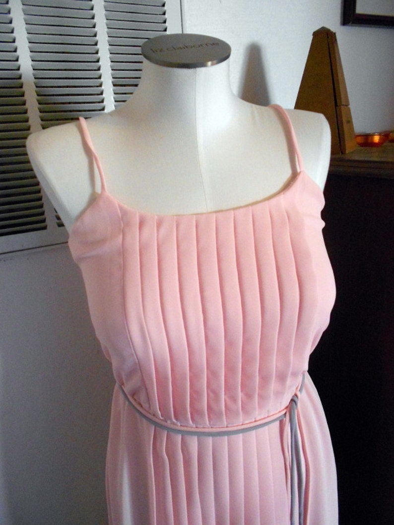 Vintage 80s near sheer Pink and Grey 2pc Flutter sleeve crop jacket and Chiffon Pleated Disco Dress S image 5