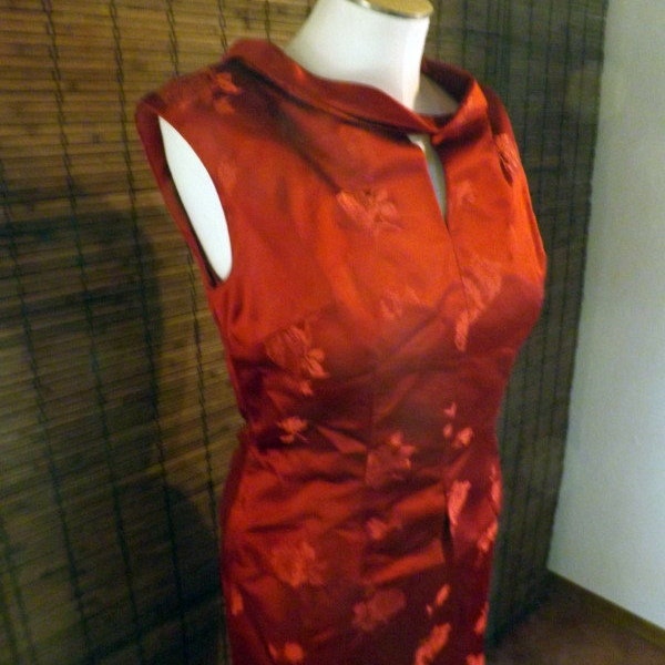 Vintage 60s Red Wine Cheongsam Mad Men style two piece Wiggle  Dress set S