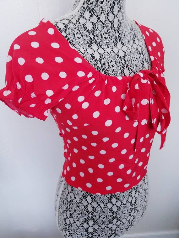 Vintage 90s Red and White Polkadot Midi Pinup Pea… - image 1