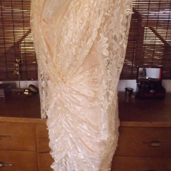 Vintage 80s Peach Lace Gatsby inspired Scarf Hem midi Cocktail Dress S Free Shipping