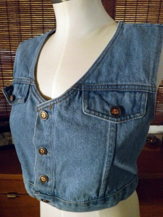 Vintage 80s Button Front Crop top Denim Jean Vest… - image 4