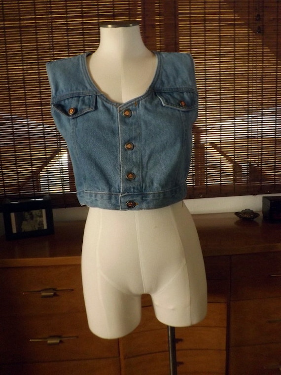 Vintage 80s Button Front Crop top Denim Jean Vest… - image 1