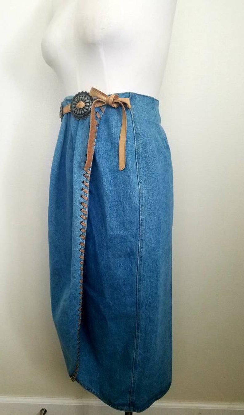 Vintage 90s western denim Wrap MIDI Skirt M image 1