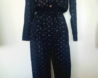 Vintage 80s JazzII Black And Gold Leaves Tie Wait Romper M