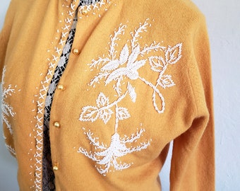 Vintage 50s Goldenrod Beaded Cardigan M