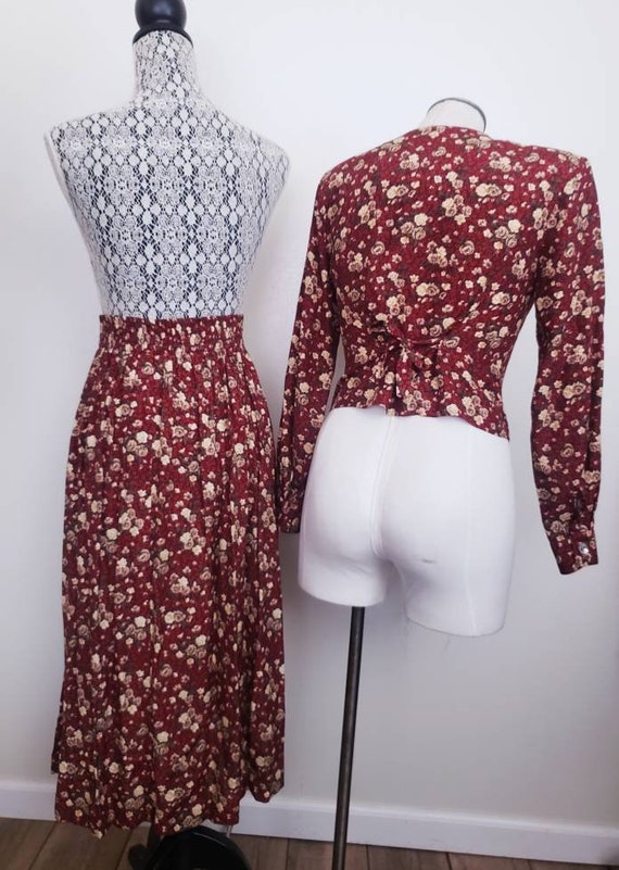 Vintage 80s Burgundy Calico pPeasants Skirt and B… - image 2