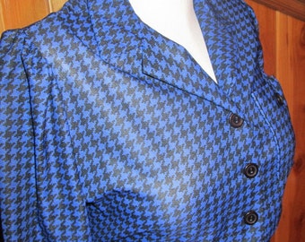 Vintage Sheer  Electric Blue Houndstooth Puff Sleeve Midi Dress sz  L