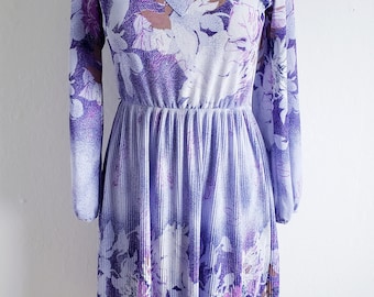 Vintage 70s Lavender Watercolor Foral Garden Party Midi Dress M