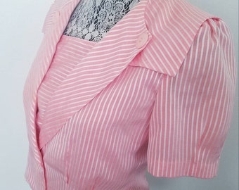 Vintage 80s Peachey Pink Pinstriped Sailor collar Puffed short sleeve blazer blouse S M