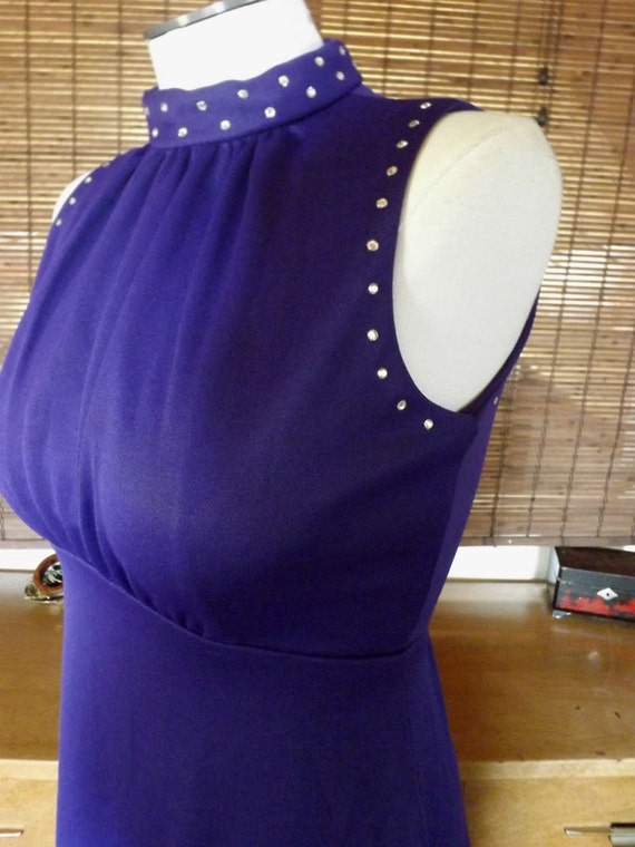 Vintage 60s Jeweled Purple High neck Empire waist… - image 2