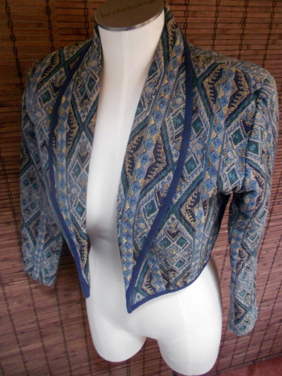 Vintage Blue South Western Tribal Woven Cropped J… - image 1