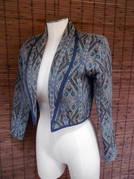 Vintage Blue South Western Tribal Woven Cropped J… - image 2