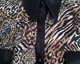 Vintage 80s New Wave Near sheer Animal print Tuxedo blouse  L