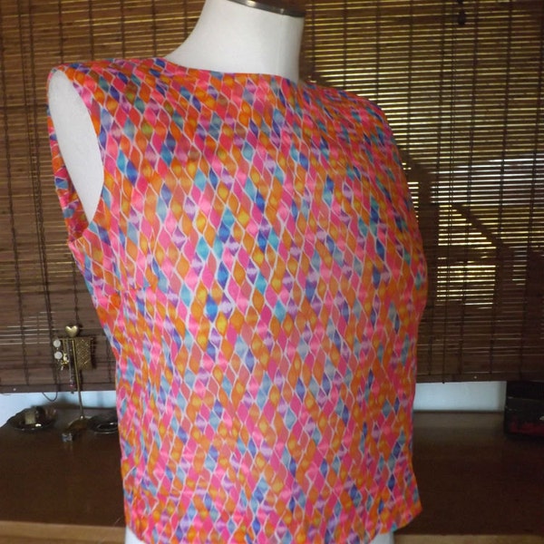 Vintage 50s Neon Harlequin Near Sheer Back Button Sleeveless Blouse M Free Shipping