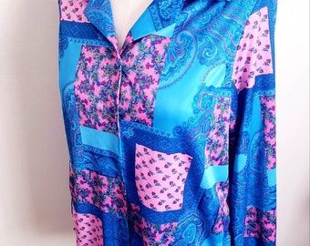 Vintage 60s Amy Lynn Paisley and Calico patchwork print pointed collar Disco Blouse L