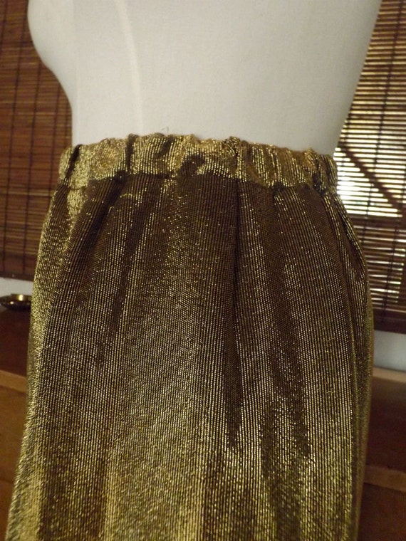 Vintage 60s Metallic Gold Ribbed Midi Skirt M - L… - image 1