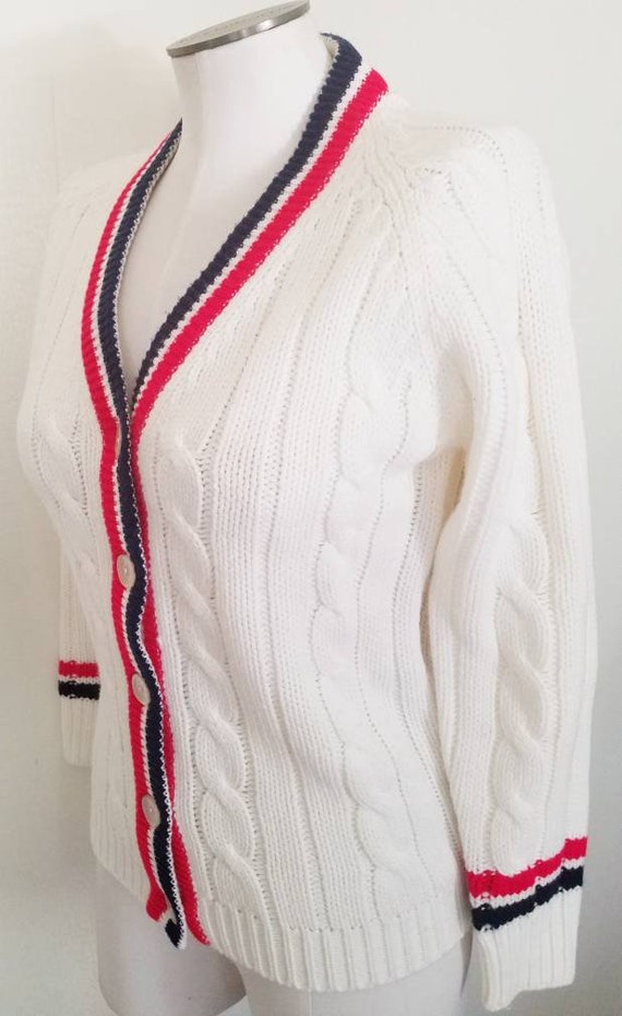 Vintage 70s red and navy striped cream cardigan M - image 3