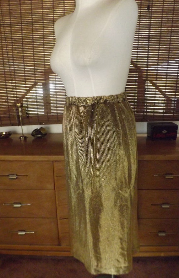 Vintage 60s Metallic Gold Ribbed Midi Skirt M - L… - image 3