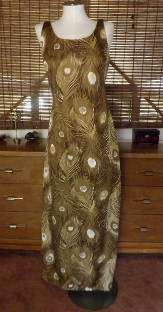 Vintage 60s Earthy Peacock Print Maxi Dress and F… - image 3