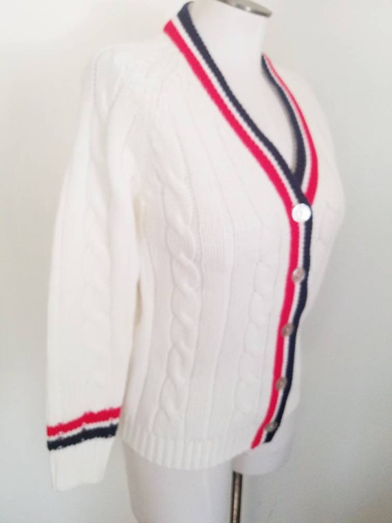 Vintage 70s red and navy striped cream cardigan M