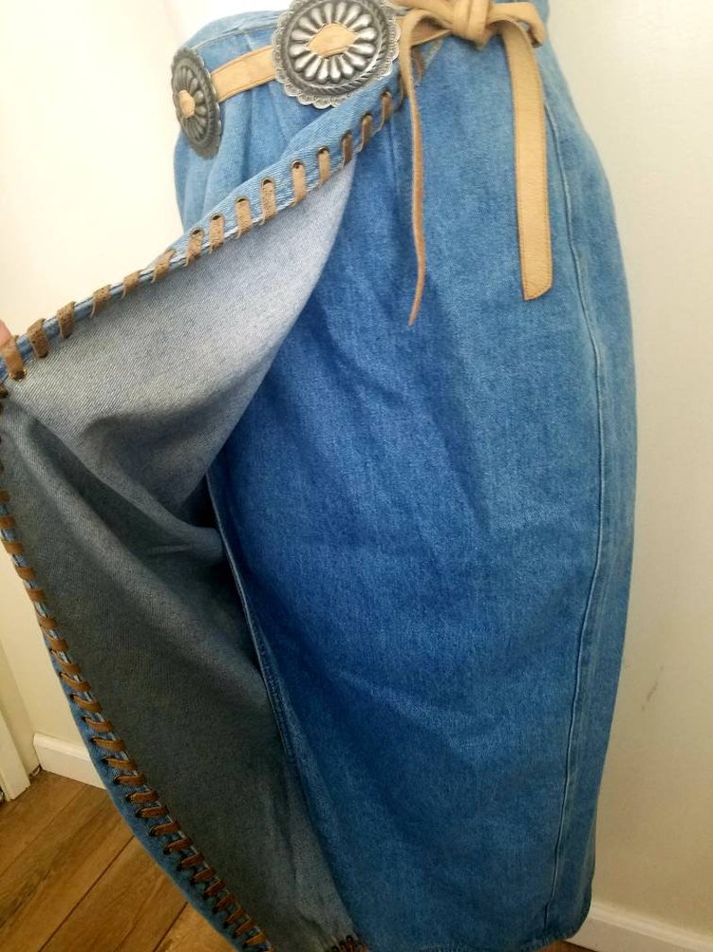 Vintage 90s western denim Wrap MIDI Skirt M image 3