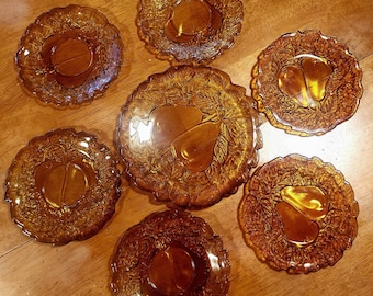 Vintage Mid Century Indiana Glass Co Amber glass Pear Plate set of 6 plus one large plate