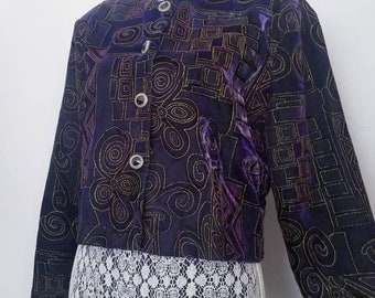 Vintage 80s Purple Velvet Swirl and Zigzag Crop Jacket M