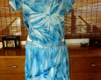 Vintage 80s Scalloped Cutwork Tie dye Festival Boho Two Piece Skirt and Blouse Set M-L