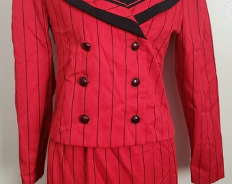 Vintage 80s Red Pinstriped Sailor Collar Pencil Skirt Suit S M