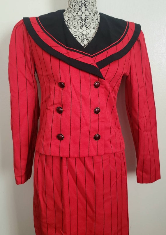 Vintage 80s Red Pinstriped Sailor Collar Pencil Sk