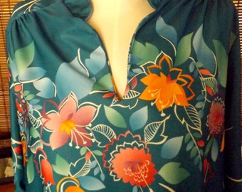 Vintage 70s Teal Floral Mandarin collar Boho Blouse L-XL Free Shipping