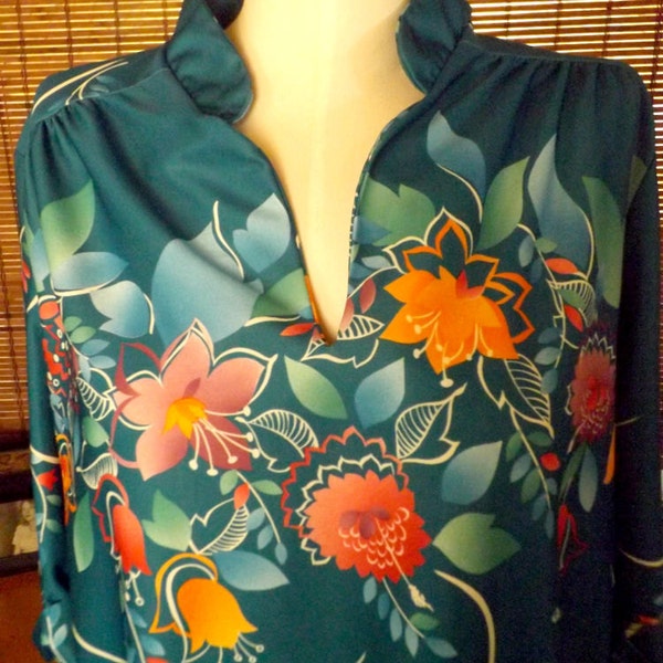 Vintage 70s Teal Floral Mandarin collar Boho Blouse L-XL Free Shipping