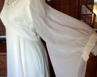 Vintage 70s Off White Sheer angel Sleeve Maxi Empire Dress M