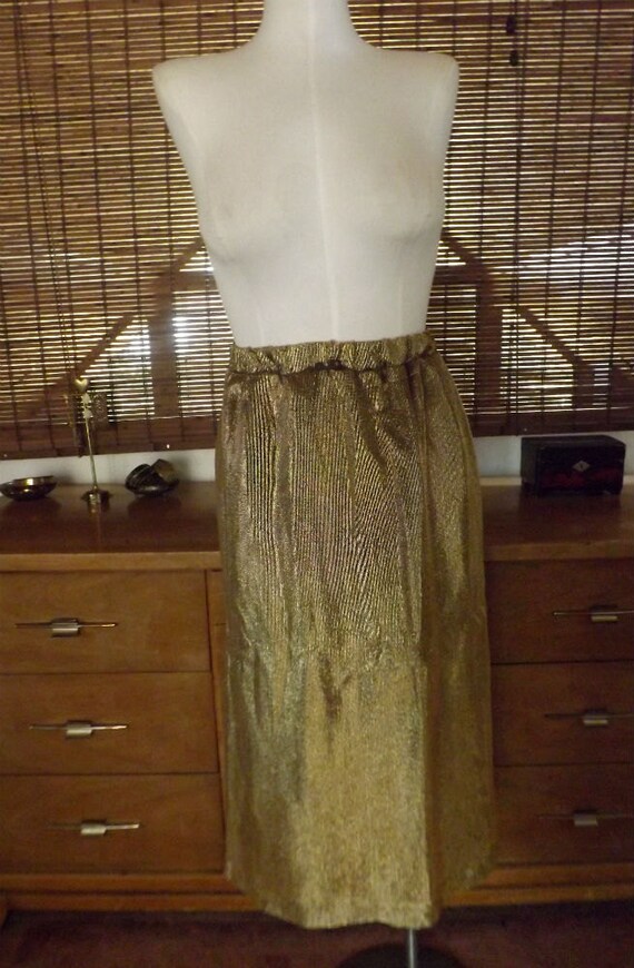 Vintage 60s Metallic Gold Ribbed Midi Skirt M - L… - image 2