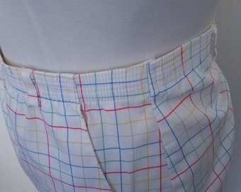 Vintage 80s white cotton blend primary color grid print  Aline Midi skirt L