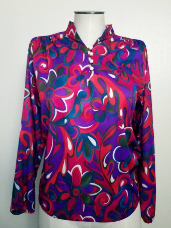 Vintage 70s Psychadelic Floral Swirl Mandarin Col… - image 2