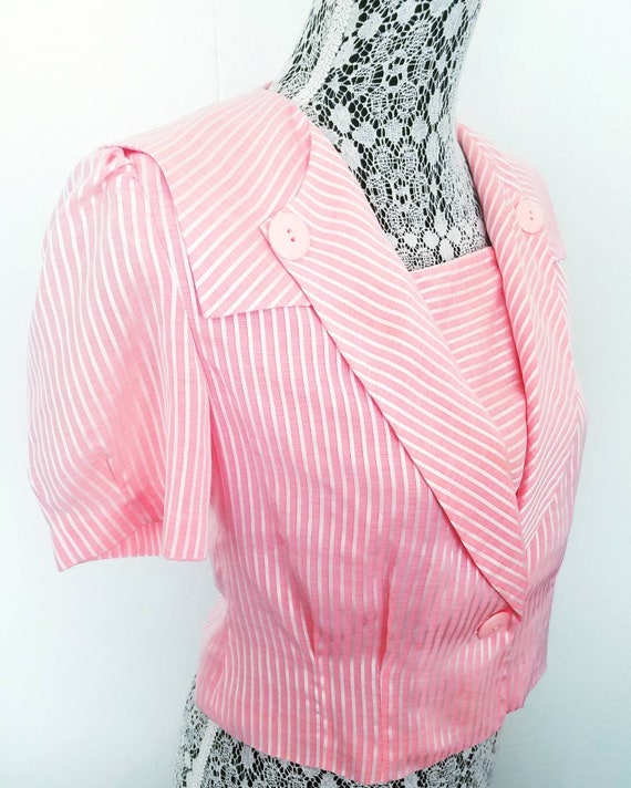 Vintage 80s Peachey Pink Pinstriped Sailor collar… - image 7
