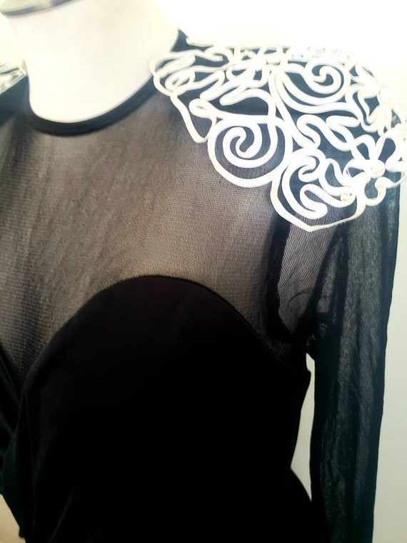 Vintage 80s Black Illusion Filigree Glam Romper M - image 8