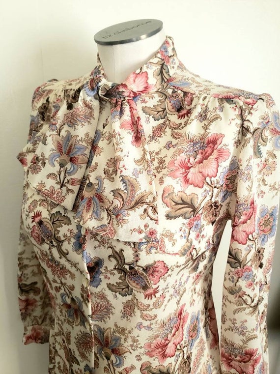 Vintage 70s Teddi of Ca Near Sheer floral Ascot Bl