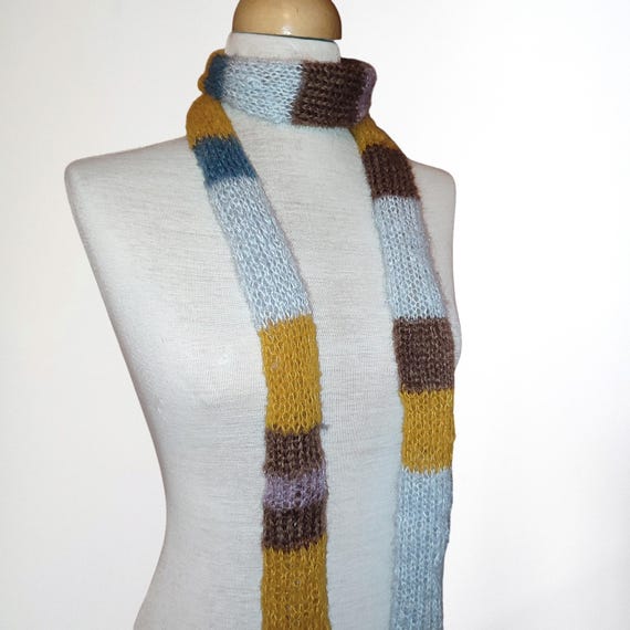 Mohair and Silk Skinny Scarf, Handmade Blue and Brown Soft Thin