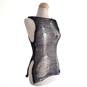 Hand knitted 100% cotton distressed black top, see through tank top