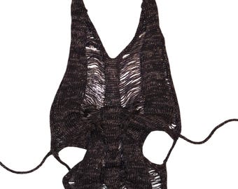 Top a fascia in maglia - pezzo unico fatto a mano, nero trasparente senza schienale, elasticizzato, S