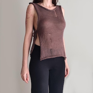 Cotton knit top, handmade distressed lightweight tank top with slits and ties