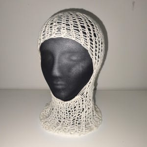 Hand knitted white merino wool balaclava, see through mesh hood
