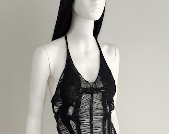 Ręcznie robiony dzianinowy top typu halter, czarny, prześwitujący, wyjątkowy top z odkrytymi plecami