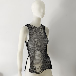 Handmade 100% cotton distressed black top, punk goth see through tank top