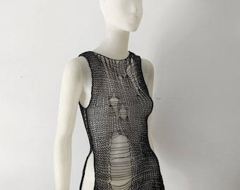 Handgemaakte 100% katoenen verweerde zwarte top, doorzichtige punk-goth tanktop