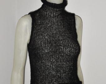 Mohair turtleneck knit top, handmade black see through top grunge goth y2k