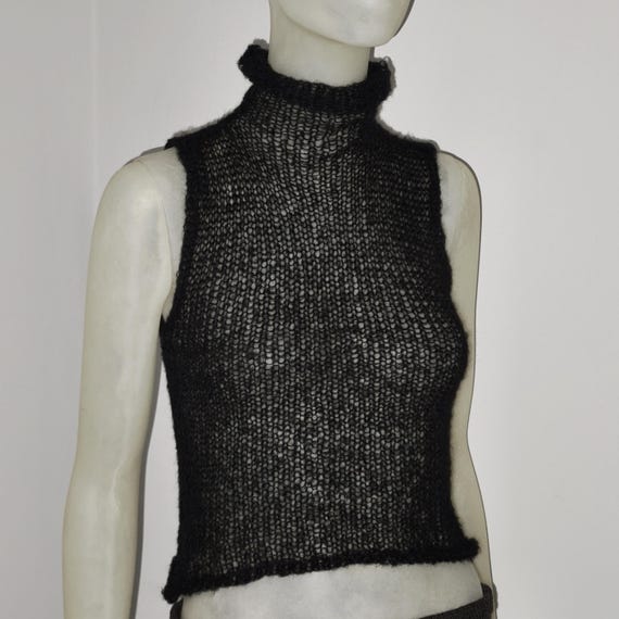 Mohair turtleneck knit top, handmade black see through top grunge goth y2k